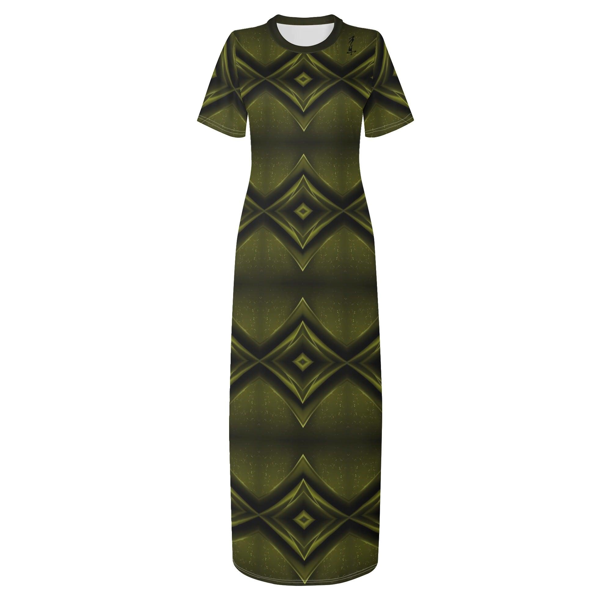 Women's Short Sleeve Dress Casual All Over Print Long Dress - MES...Where