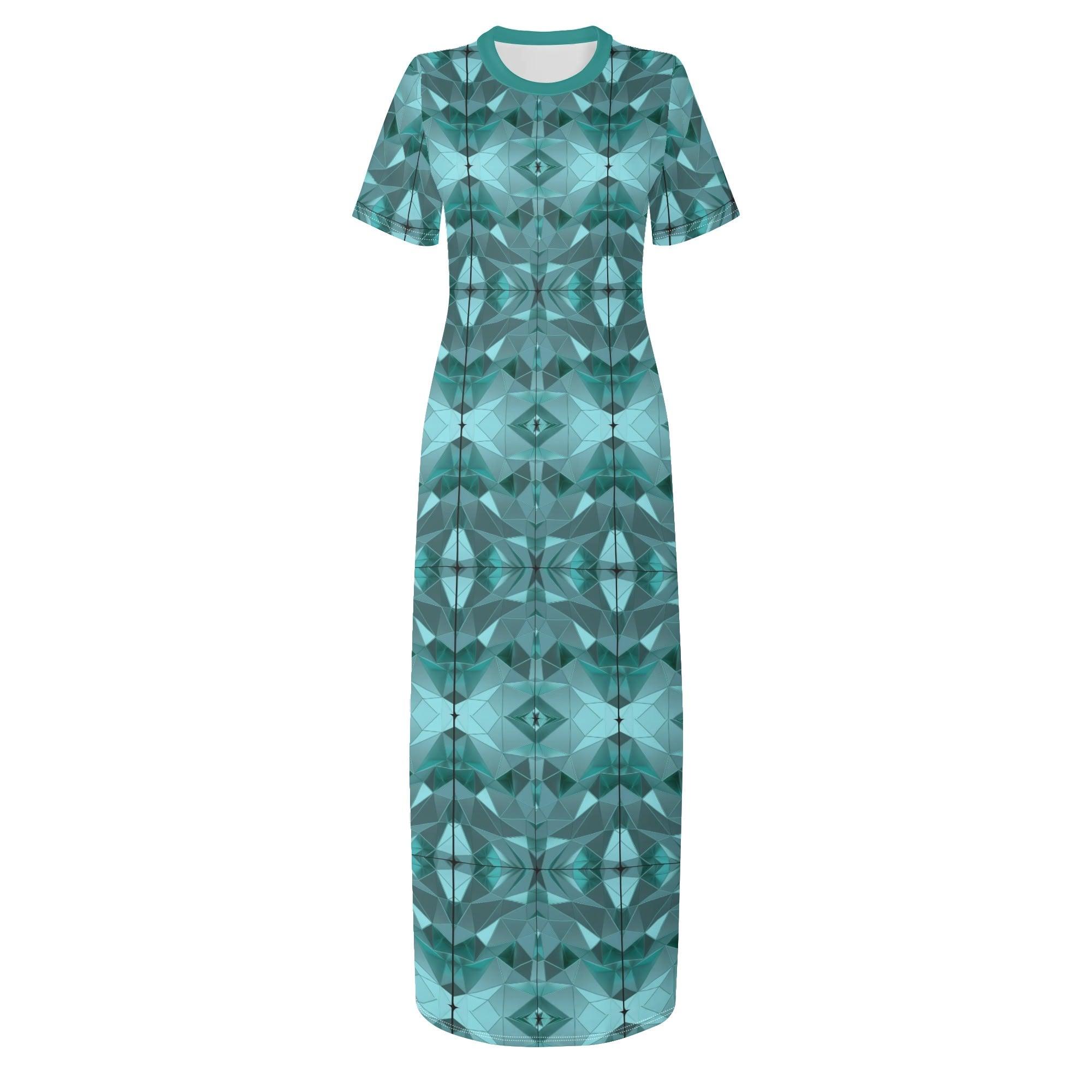 Women's Short Sleeve Casual All Over Print Long Dress - MES...Where