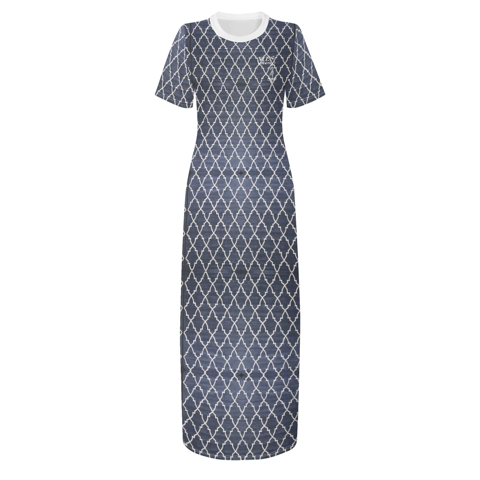 Women's Short Sleeve Dress Casual All Over Print Long Dress - MES...Where