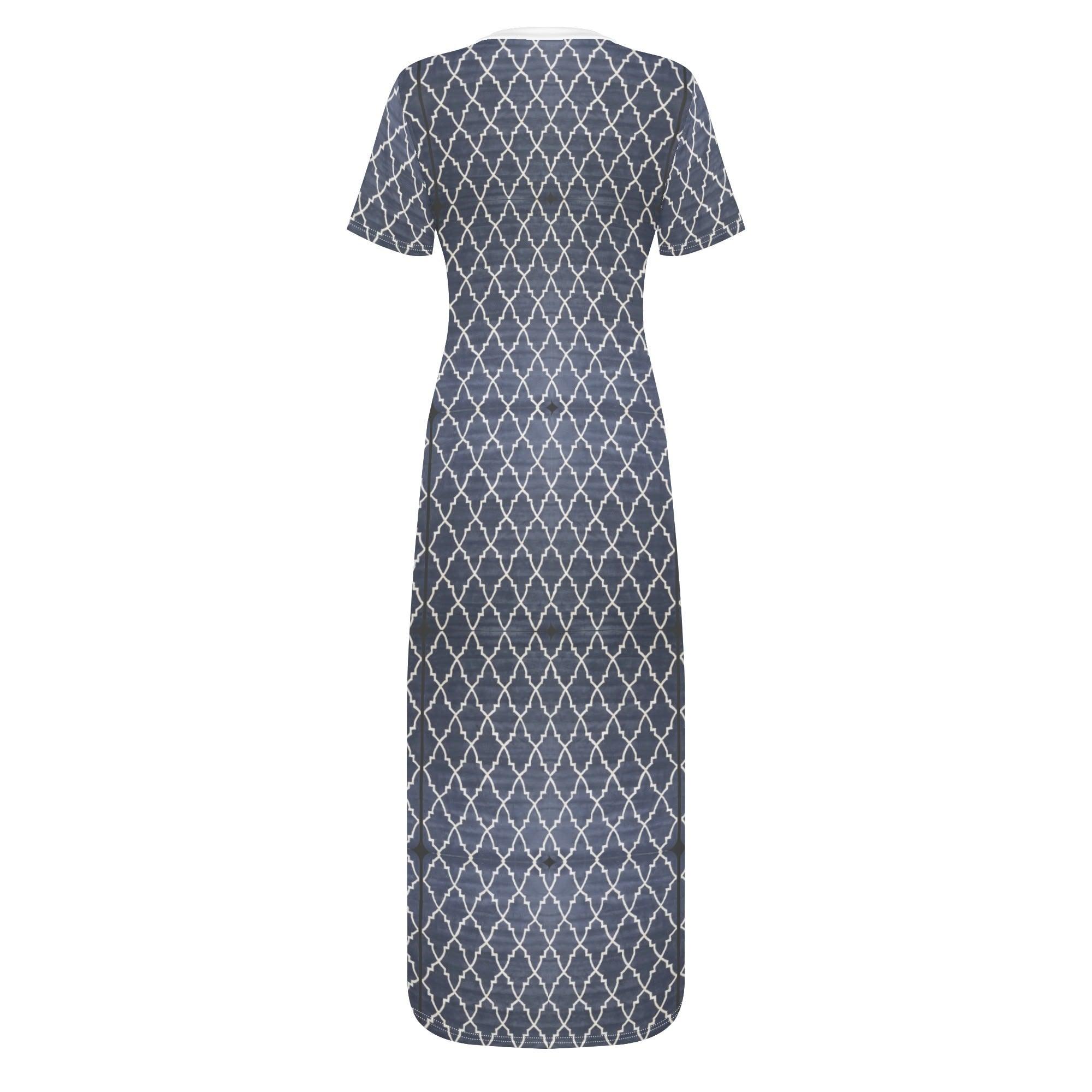 Women's Short Sleeve Dress Casual All Over Print Long Dress - MES...Where