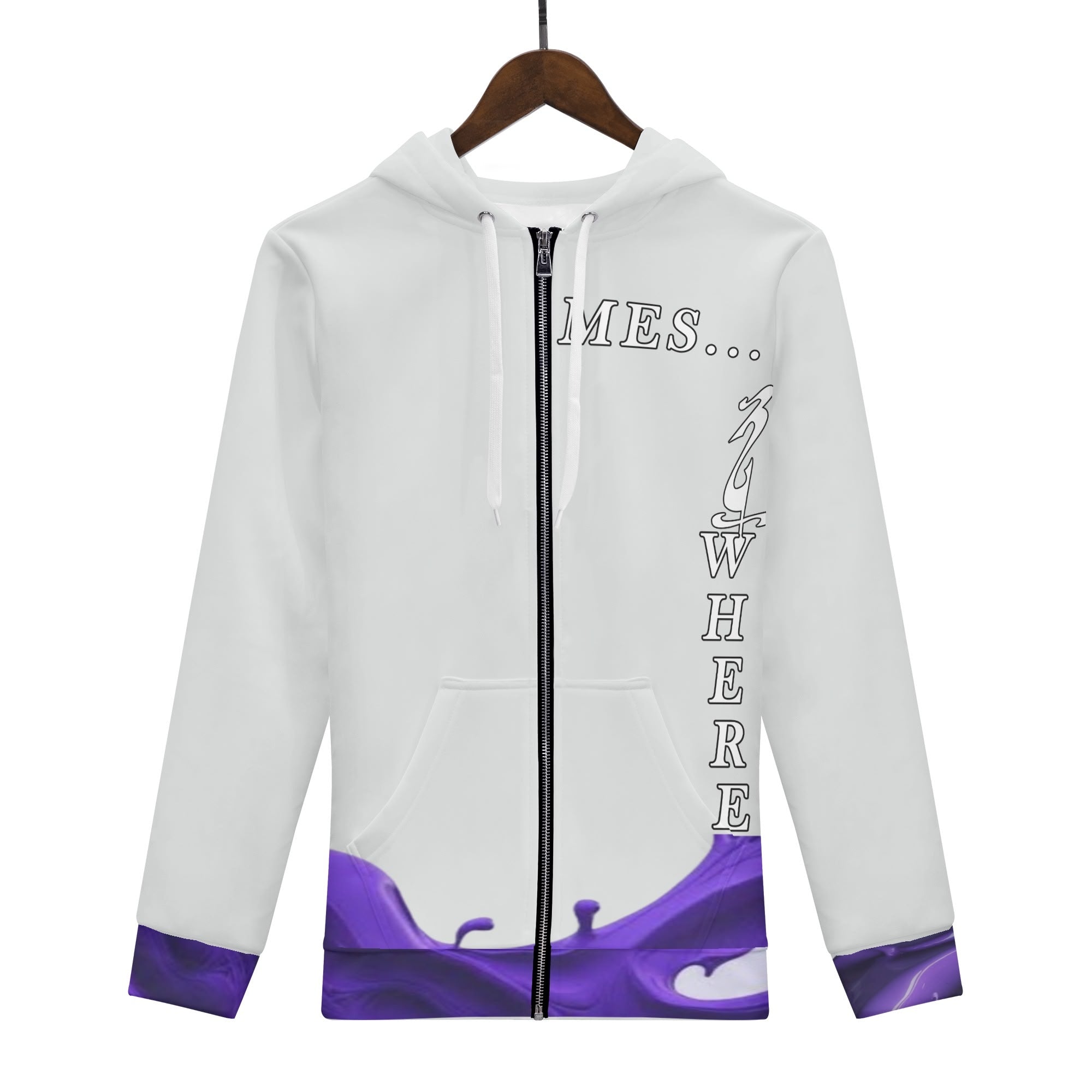 White hoodie with purple accents and text on a white background