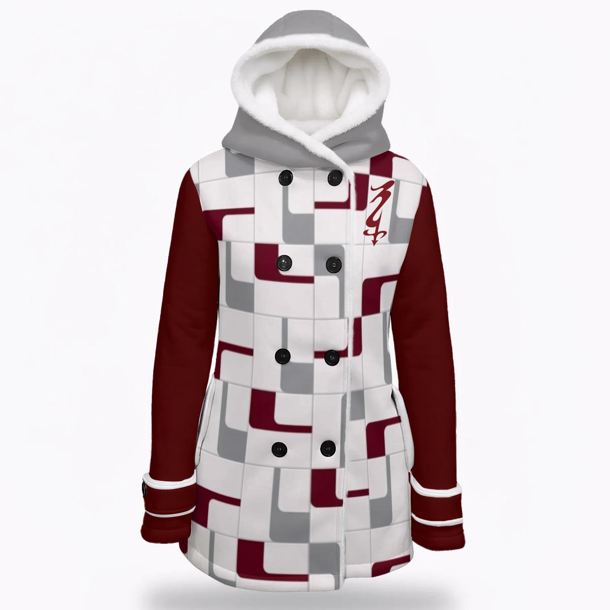 Women's Hooded Double-Breasted Winter Coat With Fleece